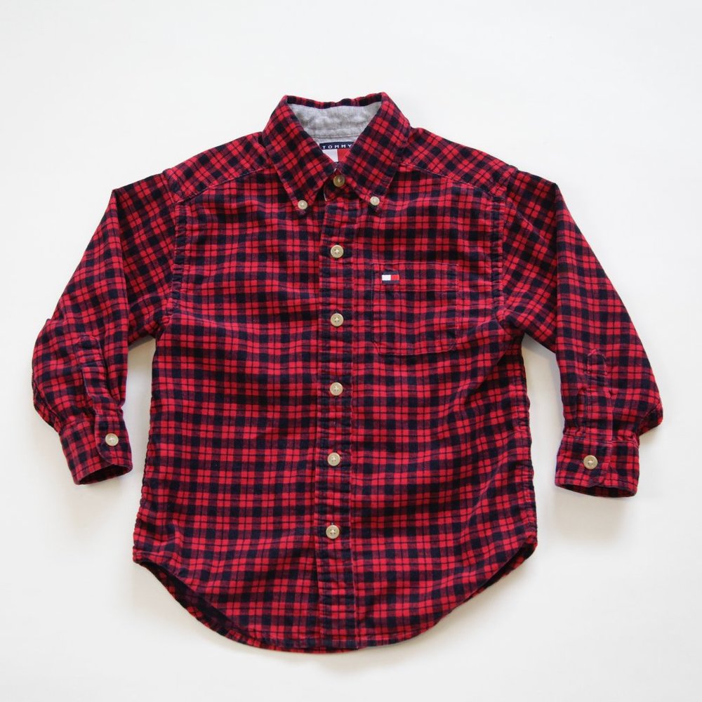 Vintage Tommy Hilfiger Corduroy Plaid Gingham Collared Button Down Shirt, Kids 4